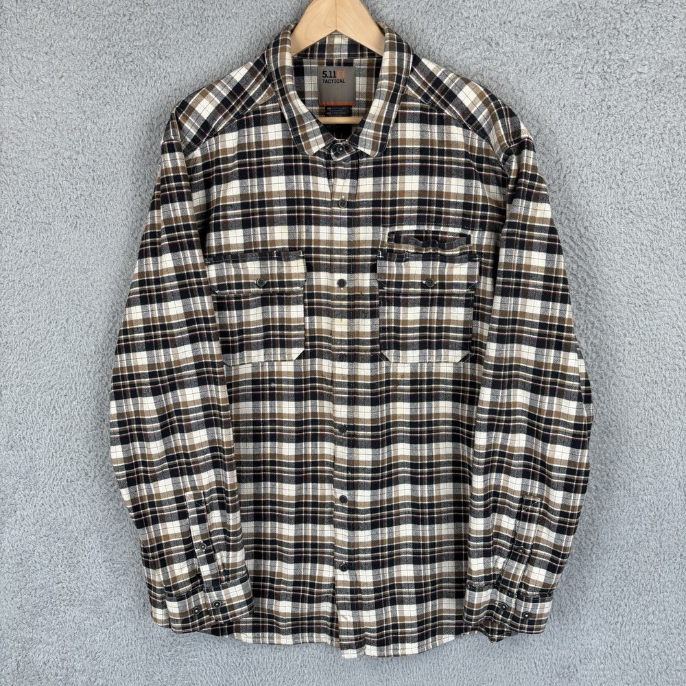 5.11 Tactical Flannel Button Shirt Mens 2XL‎ Brown Gunner Plaid Snap 72532-608